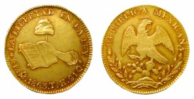 México. 8 escudos. 1863/53 Th. Mexico city. (KM#383,9). 26,04 gr. Au. Bonita pátina.
ebc+/sc-