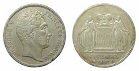Mónaco. 5 Francs. 1837 M. (KM#96) (Gad.107). Honoré V. 1819-1841. Defecto en canto parte del anverso. 24,93 gr. Ag. Muy RARA.
bc+