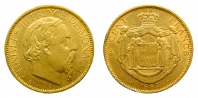 Mónaco. 100 Francs. 1884 A. París. (KM#99). Charles III. 32.3 gr. Au. Golpecito en canto.
mbc