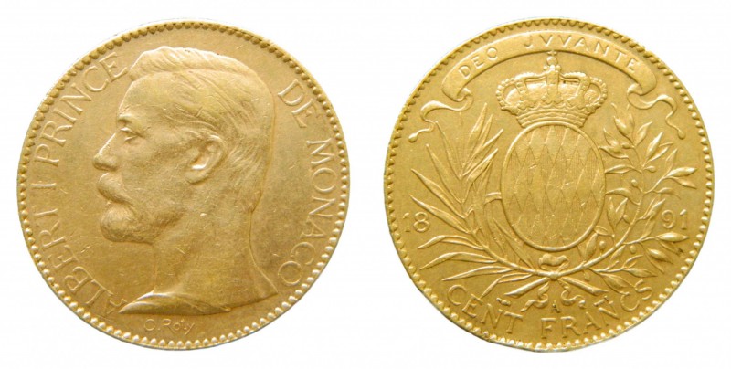 Mónaco. 100 Francs. 1891 A. París. (KM#105). Albert I Prince. 32.25 gr. Au.
mbc...