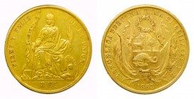 Perú. 8 escudos. 1863 YB. (KM#183). 26,97 gr. Au. Republic transitional coinage.
mbc
