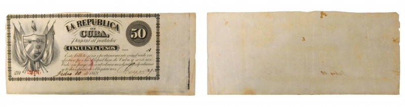 Cuba. 50 pesos. 10 Julio 1869. Firma manuscrita. República de Cuba. Seria A. Fir...