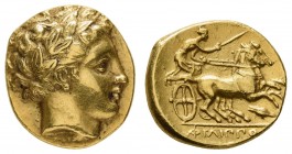 Griechen Macedonia
Amphipolis AV Stater 340-328 unter Philippos II., Av.: Belorbeerter Apollonkopf nach rechts, Rv.: Biga nach rechts, Beizeichen Ger...