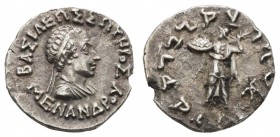 Griechen Bactria
Menander I. Soter ,165/155-130 v.u.Z. AR Drachme 165-155 v.u.Z. Av.: Büste des Königs mit Tainia und Drapierung nach rechts, Rv.: ba...