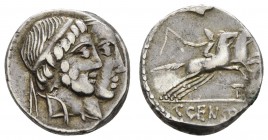 Römer Republik
C. Marcius Censorinus, 88 v.u.Z. AR Denar Av.: Köpfe des Numa Pompilius und des Ancus Marcius nebeneinander, Rv.: Zwei Pferde, auf ein...