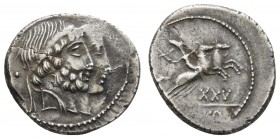 Römer Republik
C. Marcius Censorinus, 88 v.u.Z. AR Denar Av.: Köpfe des Numa Pompilius und des Ancus Marcius nebeneinander, Rv.: Zwei Pferde, auf ein...
