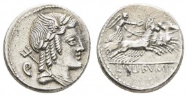 Römer Republik
L. Iulius Bursio, 85 v.u.Z. AR Denar Av.: Apollonkopf Veiovis nach rechts, Rv.: Viktoria in Quadriga nach rechts preschend Cr. 352/1a ...
