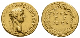 Römer Kaiserzeit
Claudius, 41-54 AV Aureus 50-51 Rom Av.: TI CLAVD CAESAR AVG P M TRP VI IMP XVIII, belorbeerter Kopf nach rechts, Rv.: SPQR P P OB C...
