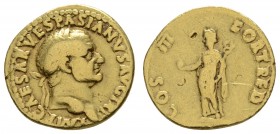 Römer Kaiserzeit
Vespasianus, 69-79 AV Aureus 71 Lugdunum Av.: IMP CAESAR VESPASIANVS AVG TR P, belorbeertes Haupt nach rechts, Rv.: COS III - FORT R...