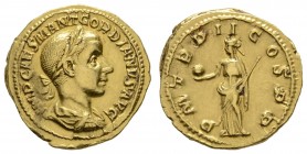 Römer Kaiserzeit
Gordianus III., 238-244 AV Aureus 239 Rom 2. Emission, Av.: IMP CAES M ANT GORDIANVS AVG, drapierte Büste mit Lorbeerkranz und Küras...