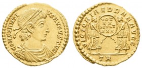 Römer Kaiserzeit
Constantius II., 337-361 Solidus Trier Av.: Büste nach rechts, Rv.: 2 Victorien halten Kranz mit Inschrift VOT XX MULT XXX, im Absch...