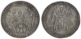 bis 1799 Hamburg
Stadt Doppeltaler o. J. (um 1620) Av.: Christus von vorn segnet vor ihm stehendes und einander zugewandtes Paar, WAS· GOT· ZUSAMMENF...
