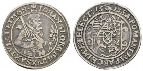 bis 1799 Sachsen
Johann Georg I., 1615-1656 ¼ Taler 1623 Dresden Av.: geharnischtes Hüftbild nach rechts, Rv.: Wappenschild K.M. 88 Kohl 157 Slg. Mer...