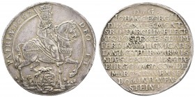 bis 1799 Sachsen
Johann Georg II., 1656-1680 Taler 1657 Dresden auf das Vikariat, die Umschrift beginnt oben rechts, Av.: Johann Georg reitet nach re...