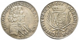bis 1799 Sachsen
Johann Georg III., 1680-1691 2/3 Taler = Gulden 1686 Dresden nach zinnaischem Fuß, Av.: Büste im Harnisch nach rechts, Rv.: bekrönte...