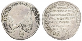 bis 1799 Sachsen
Johann Georg III., 1680-1691 1/3 Taler = ½ Gulden 1691 Dresden auf seinen Tod, Av.: aus Wolken ragender Arm halt geraffte Flagge, Rv...