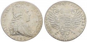 bis 1799 Sachsen
Friedrich August III., 1763-1806 2/3 Taler 1792 Dresden Vikariat, Av.: Büste nach rechts, Rv.: Doppeladler mit beköntem Wappenschild...