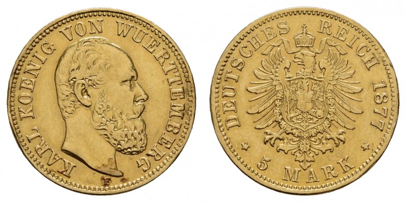 Kaiserreich Goldmünzen Württemberg
Karl, 1864-1891 5 M 1877 F Fassungsspuren Ja...