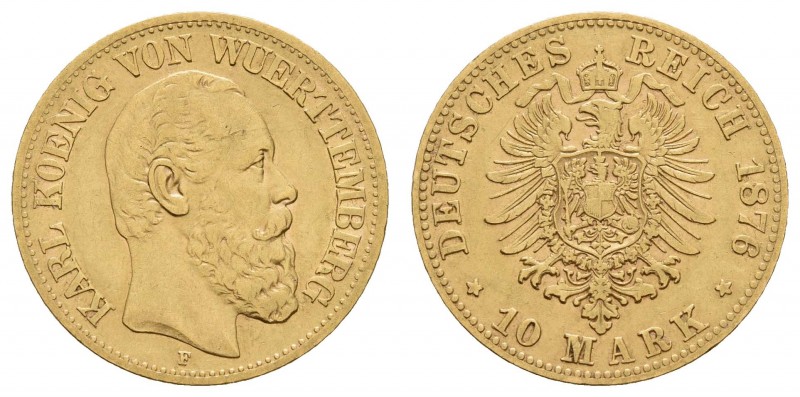 Kaiserreich Goldmünzen Württemberg
Karl, 1864-1891 10 M 1876 F Jaeger 292 ss-vz...