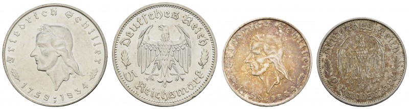 III. Reich
 5 RM 1934 F Schiller, kleine Kratzer, dazu das 2 RM Stück Schiller ...