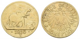 Nebengebiete Deutsch-Ostafrika
Wilhelm II., 1888-1918 15 Rupien 1916 T stark getragenes Belegstück dieser beliebten Münze mit Kopie eines alten Prüfg...