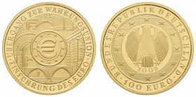 Bundesrepublik (Euro)
 100 € 2002 Übergang zur Währungsunion - Einführung des Euro, Erste deutsche Euro-Goldmünze, wie verausgabt st