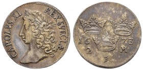 bis 1799 Schweden
Karl XI., 1660-1697 2 Mark 1673 Stockholm überdurchschnittlich erhalten, hübsche Patina Ahlström 125 10.41 g. ss+