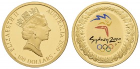 Australien
Elizabeth II. seit 1952 100 Dollars 2000 Perth Olympia Sydney 2000, in Originalkapsel mit CoA 14.181/30.000 im günen Originaletui K.M. 383...
