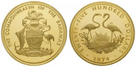 Bahamas
Elisabeth II. seit 1952 2.500 $ 1974 Goldmünze zu 12 Unzen auf den 1. Jahrestag der Unabhängigkeit, Av.: Staatswappen, Rv.: zwei Scharlachfla...