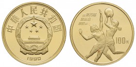 China
Volksrepublik 100 Yuan 1990 Olympische Spiele in Barcelona, roter Fleck / red spot, gekapselt K.M. 304 PP/Proof