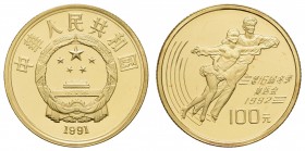 China
Volksrepublik 100 Yuan 1991 Olympische Spiele in Albertville, gekapselt K.M. 298 PP/Proof