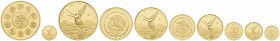 Mexiko
Republik 2008 Libertad Gold Series, Oro Puro - Reines Gold, 5 Münzen von 1 oz bis 1/20 oz, teilweise rote Flecken / red spots, im Originaletui...