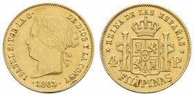 Philippinen
Isabella II., 1833-1868 4 Pesos 1863 Manila C./C./T. 123 Schlum. 3 Fried. 1 K.M. 144 Cayon 17393 ex Emporium, Hamburg ss-vz