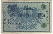 Deutschland Deutsches Reich
Reichsbanknoten & Reichskassenscheine 100 Mark (1908) [7. Februar 1908], Nr. 0157395 J, Längs- und Querbüge, EH II-III, s...
