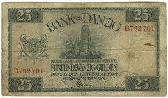 Deutschland Freie Stadt Danzig
Bank von Danzig 25 Gulden 1924 10. Februar 1924, B 792,701, Knicke, Verschmutzungen, EH III ROS 834 a Pick 54 Grab. DA...