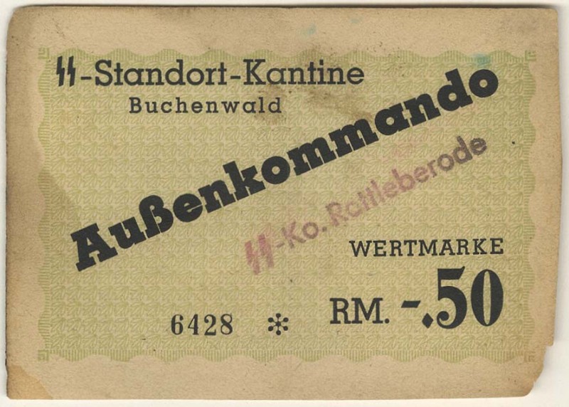 Deutschland Lagergeld
 "SS-Standort-Kantine Buchenwald" 0,50 RM, "SS-Ko. Rottle...