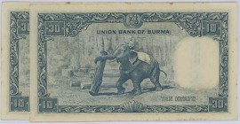 Ausland Burma
 o.D. Union Bank of Burma, 10 Kyats, 2 Stück aus dem selben Bündel, etwas fleckig, Heftlöcher Pick 44 I-