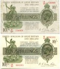 Ausland Großbritannien
 10 Shillings o. J. 2 Exemplare, K/34 258866 und K/41 494395, Fine, Very Fine Pick 358 (2x)