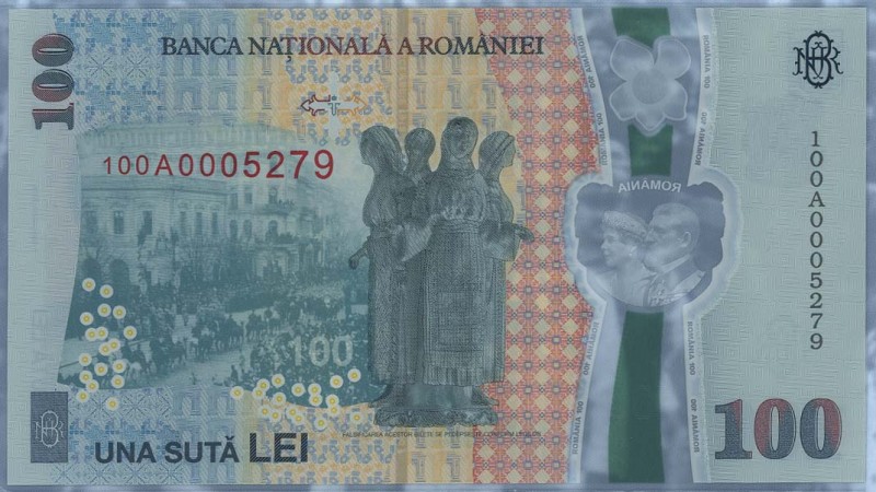 Ausland Rumänien
 100 Lei 1.12.2018 Gedenkbanknote 100 Jahre Große Union, im Fo...