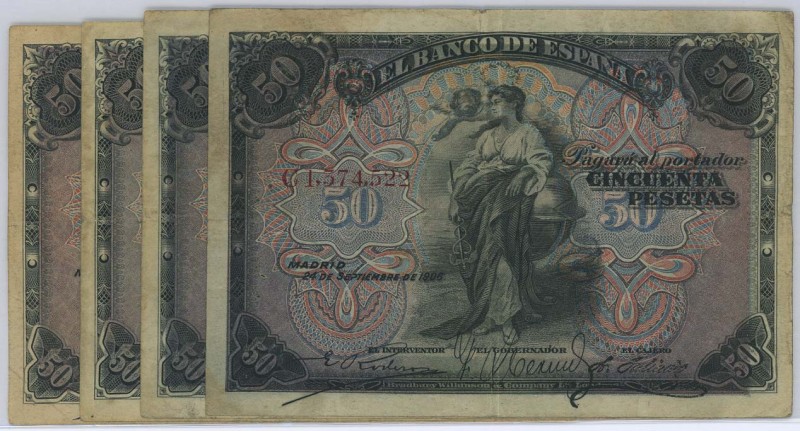 Ausland Spanien
Königreich 50 Pesetas 24.9.1906 4 Scheine Pick 58 a IV