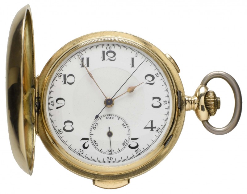 Geschlossene Herrentaschenuhr, unsigniert, Goldgehäuse (14 Karat, Innendeckel Me...