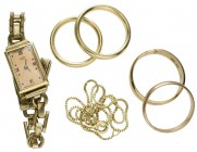 Arctos Elite Damen-Armbanduhr in 585er Gold, dazu 4 Eheringe und eine feine Halskette in 585er bzw. 333er