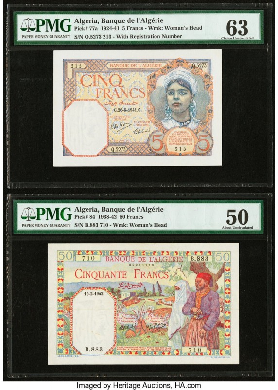 Algeria Banque de l'Algerie 5; 50 Francs 1941-1942 Pick 77a; 84 PMG About Uncirc...
