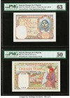 Algeria Banque de l'Algerie 5; 50 Francs 1941-1942 Pick 77a; 84 PMG About Uncirculated 50; Choice Uncirculated 63. A small tear is noted on Pick 77a.
...