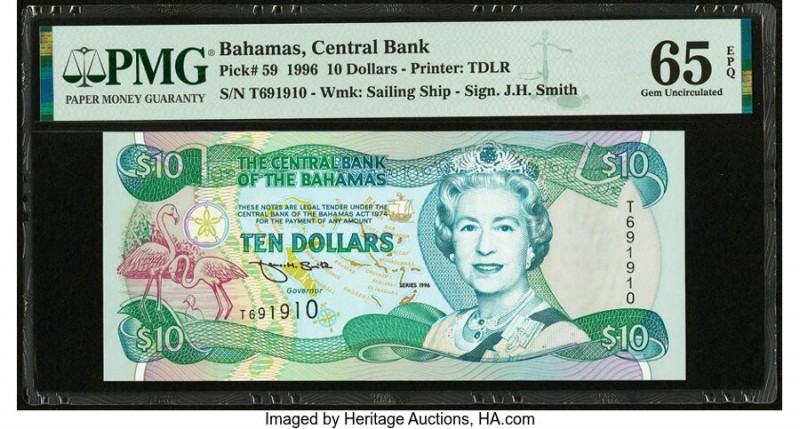 Bahamas Central Bank 10 Dollars 1996 Pick 59 PMG Gem Uncirculated 65 EPQ. 

HID0...
