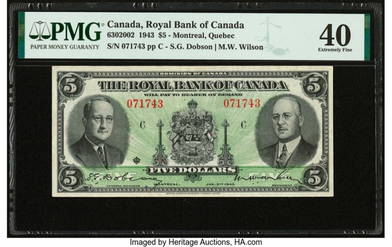 Canada Montreal, PQ- Royal Bank of Canada $5 2.1.1943 Pick S1394 Ch.# 630-20-02 ...