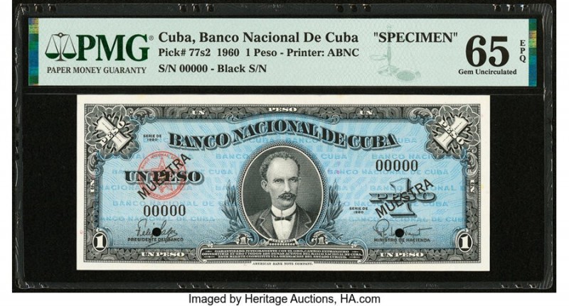 Cuba Banco Nacional de Cuba 1 Peso 1960 Pick 77s2 Specimen PMG Gem Uncirculated ...