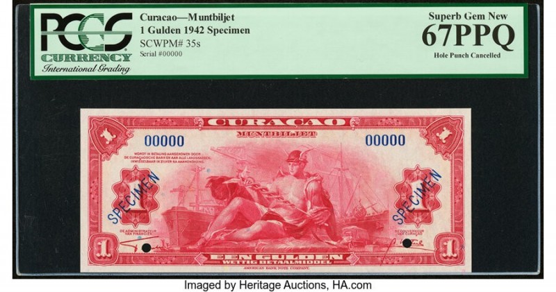 Curacao Muntbiljetten 1 Gulden 1942 Pick 35s Specimen PCGS Superb Gem New 67PPQ....