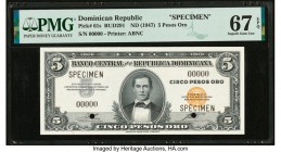 Dominican Republic Banco Central de la Republica Dominicana 5 Pesos Oro ND (1947) Pick 61s Specimen PMG Superb Gem Unc 67 EPQ. Cancelled with 2 punch ...