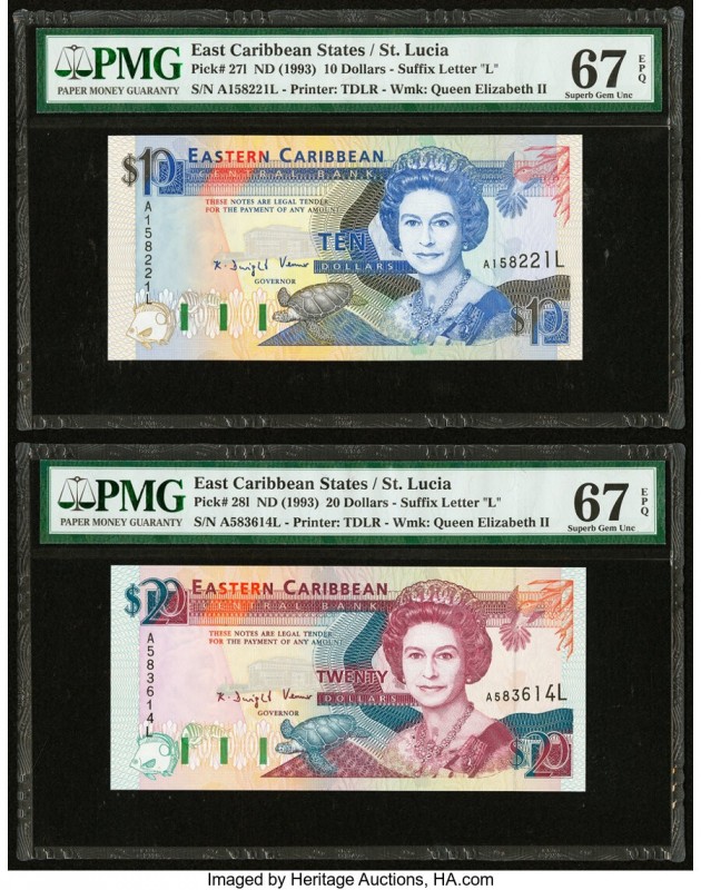 East Caribbean States Central Bank, St. Lucia 10; 20 Dollars ND (1993) Pick 27l;...